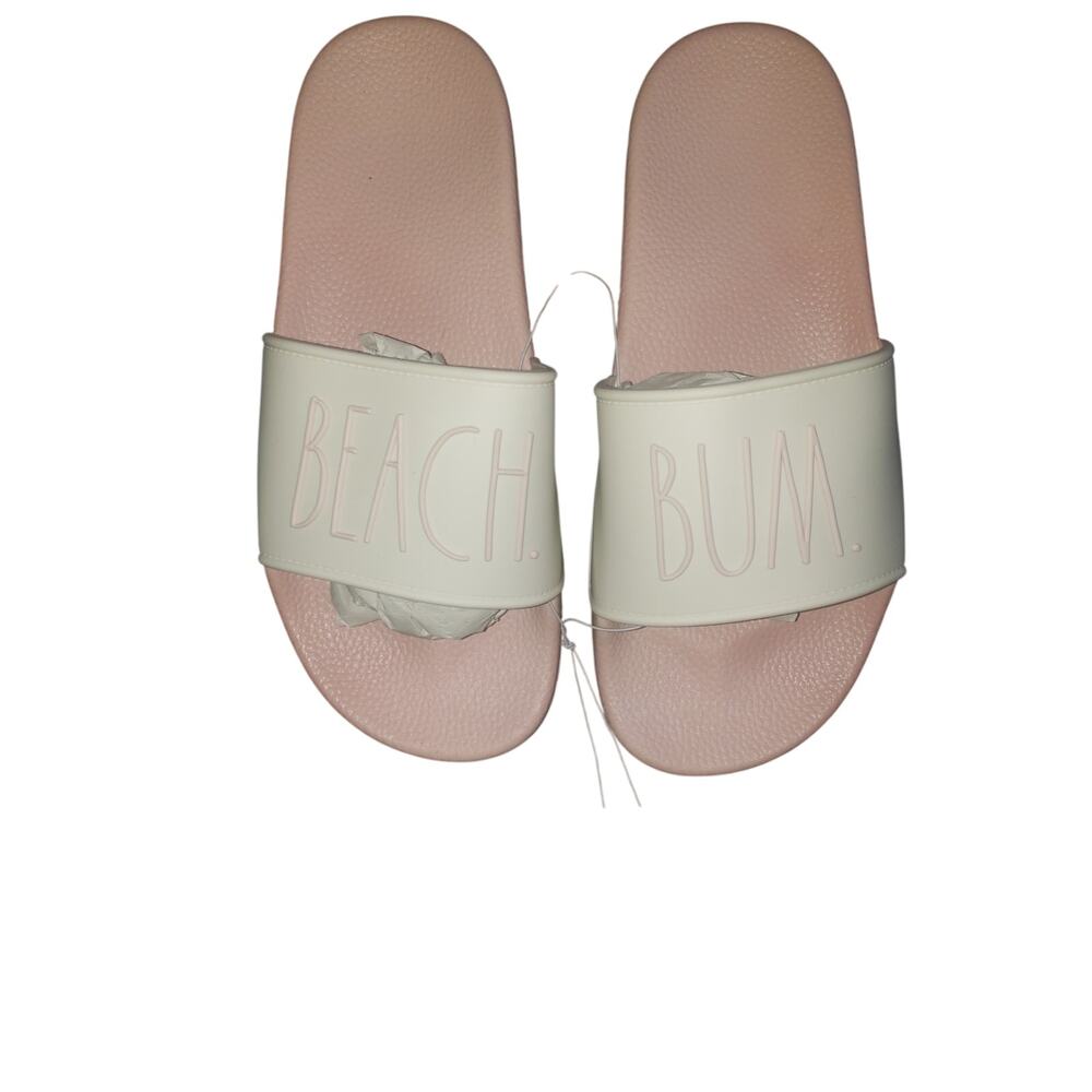 Rae Dunn Beach Bum Slide Sandals Women's Size 7 Pink White Flat Sliders NWT